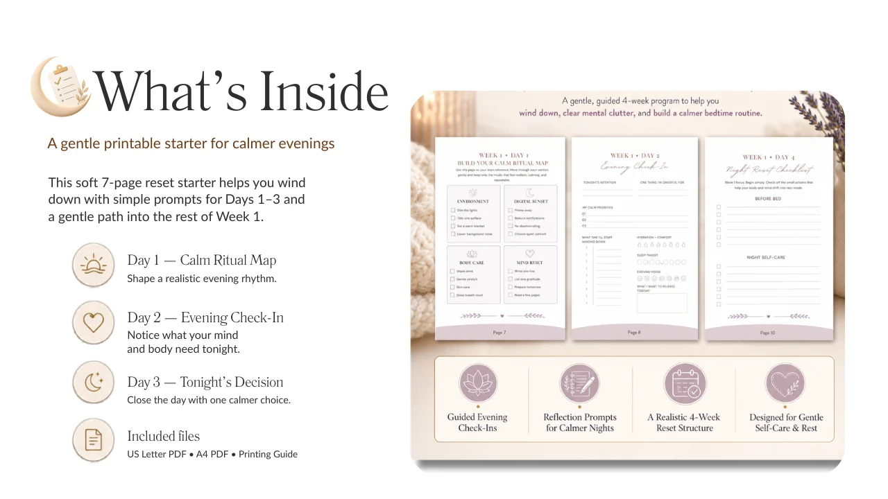 What’s inside the free 7-Day Evening Reset Starter, showing Day 1 Calm Ritual Map, Day 2 Evening Check-In, Day 3 Tonight’s Decision, and included printable files