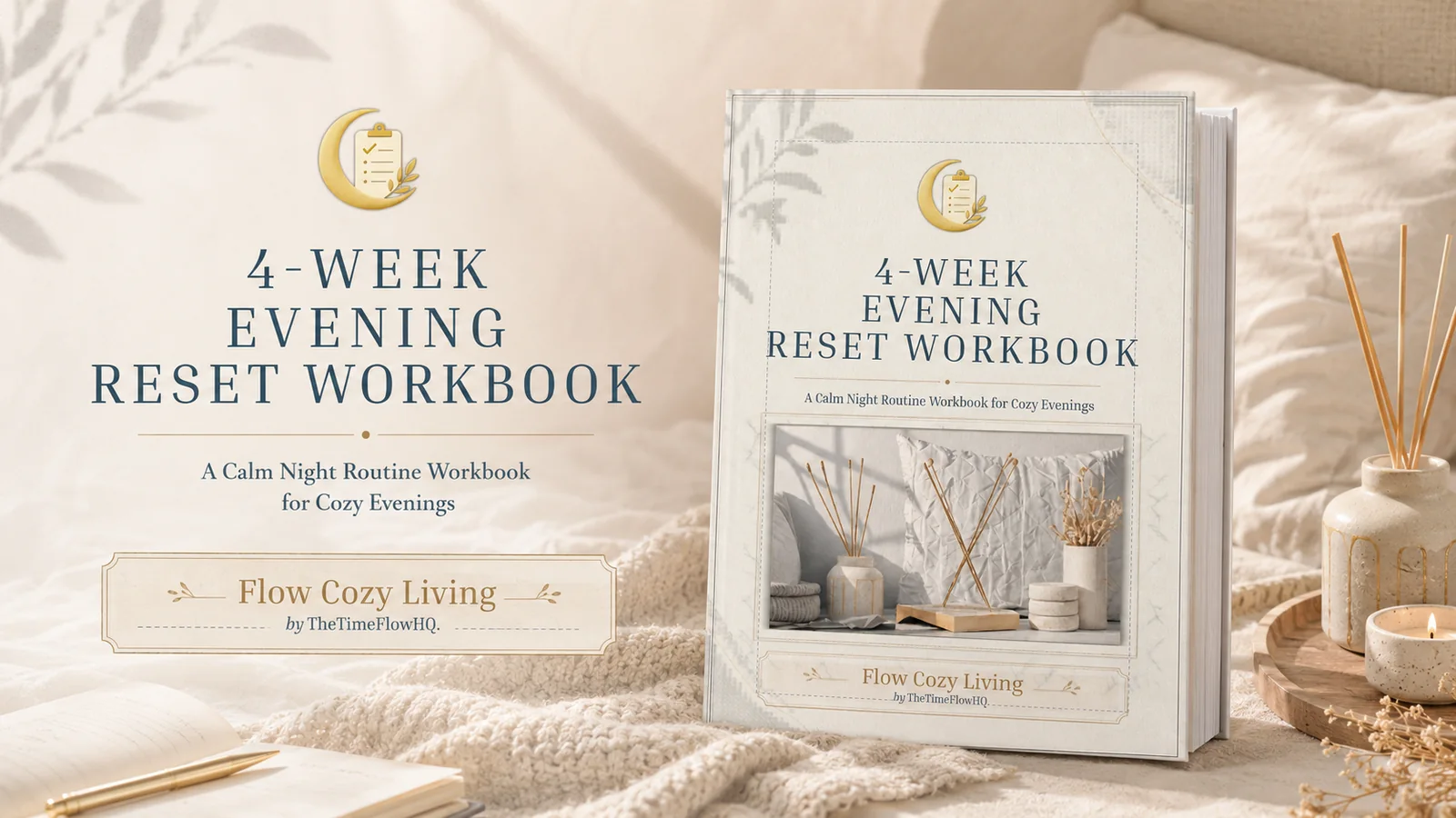 4-Week Evening Reset Workbook product cover with cozy bedroom styling