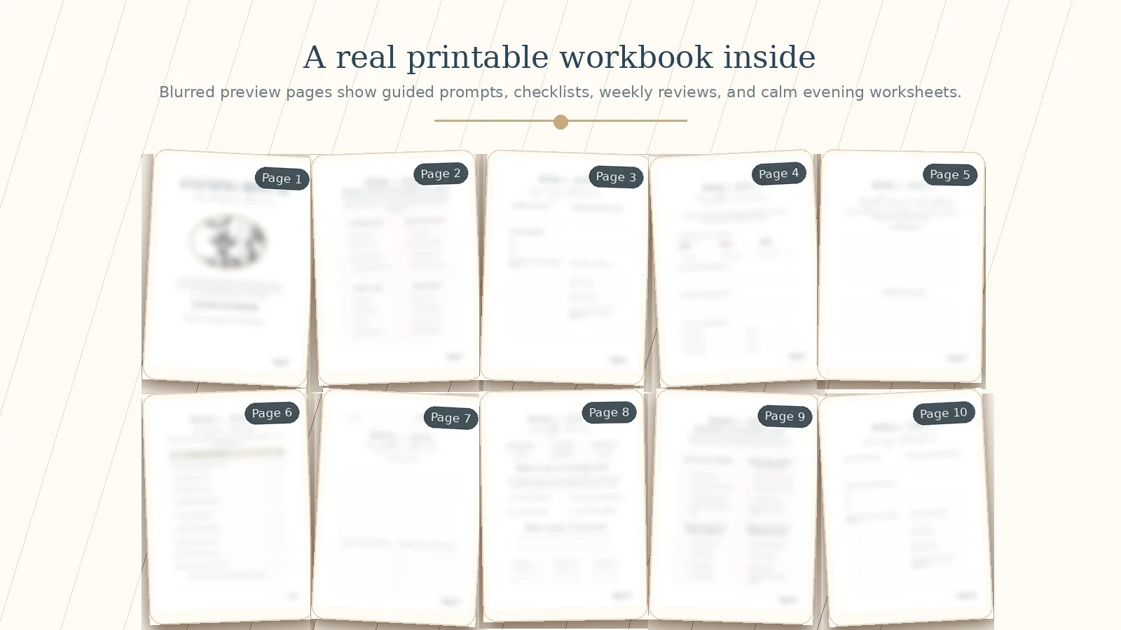 Blurred preview collage of ten interior pages from the 4-Week Evening Reset Workbook showing guided prompts, checklists, and weekly reviews