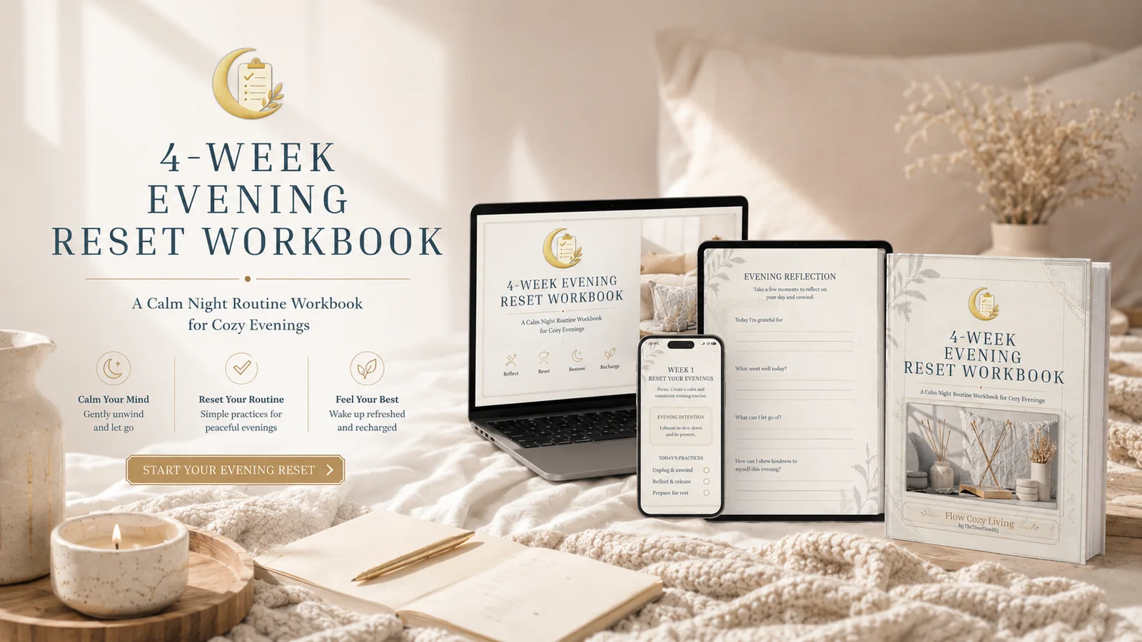 4-Week Evening Reset Workbook displayed on laptop, tablet, and phone in a cozy bedroom setting
