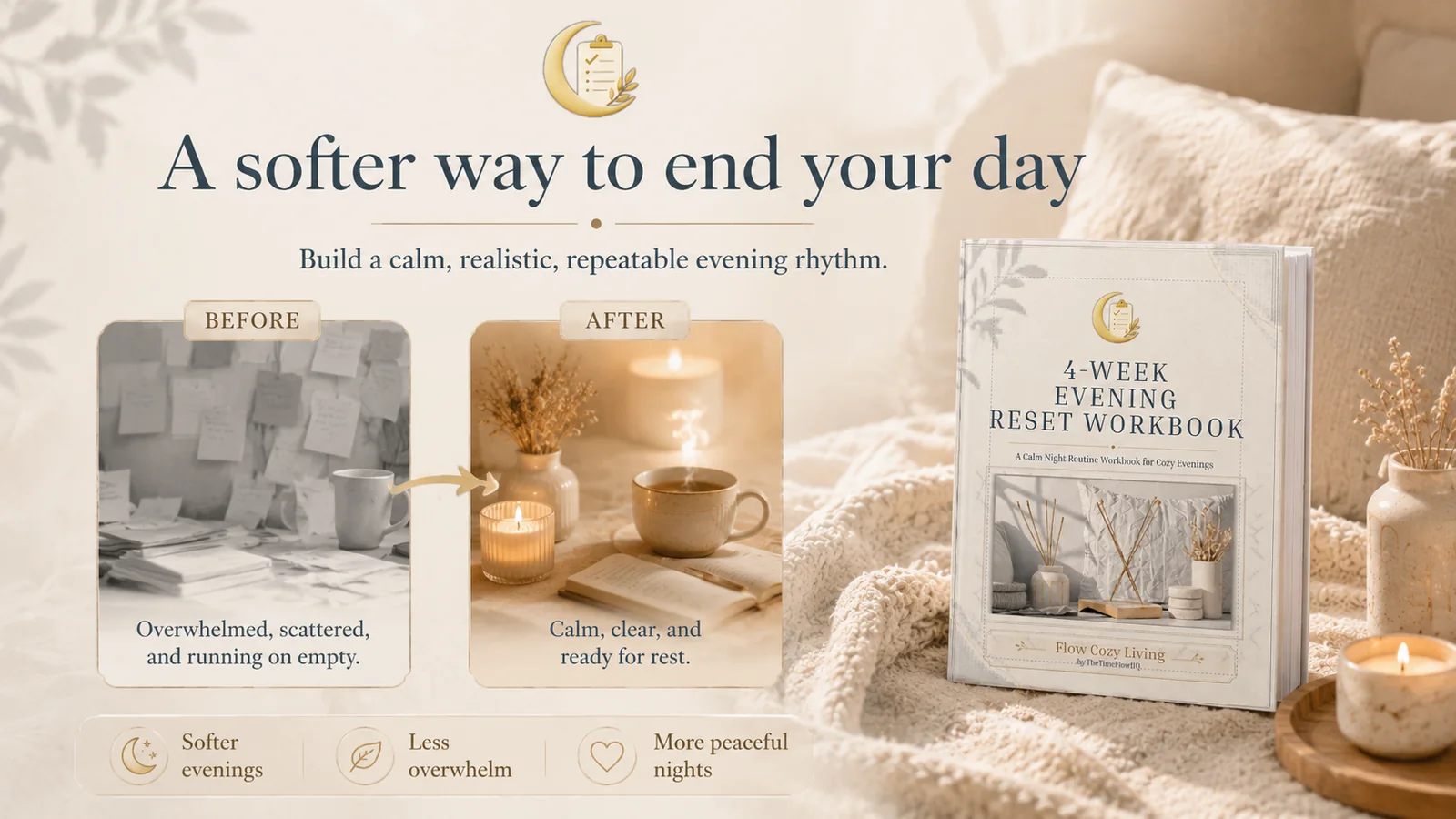 Before and after transformation showing scattered evenings becoming a calm night routine