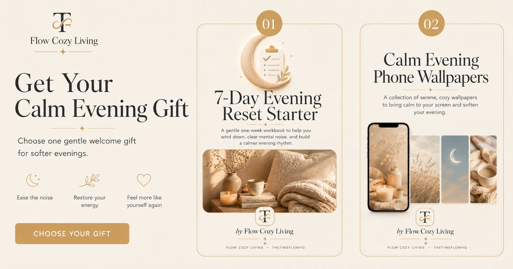 Flow Cozy Living calm evening gift preview with 7-Day Evening Reset Starter and calm phone wallpapers
