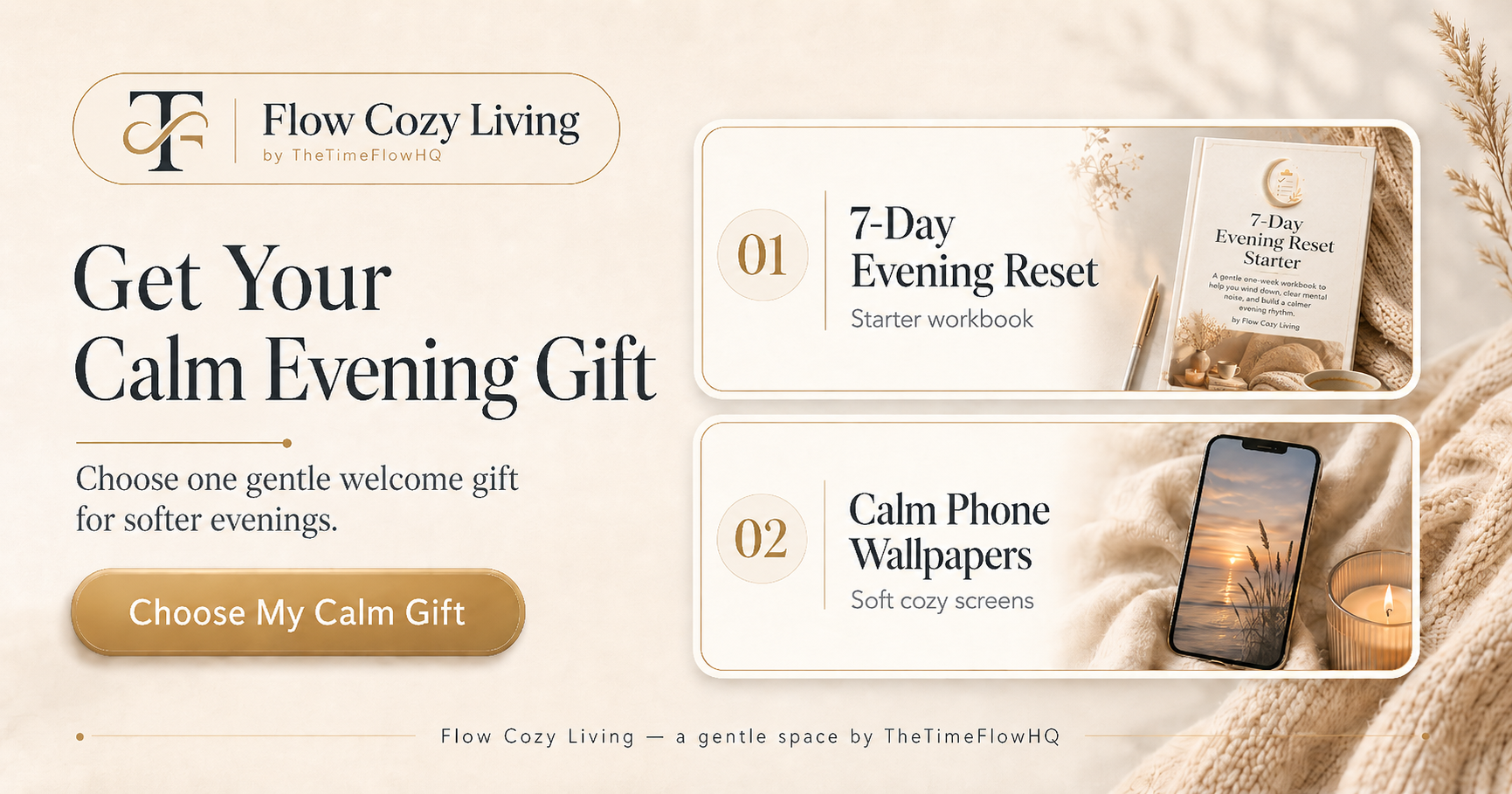 Flow Cozy Living Calm Evening Gift preview with 7-Day Evening Reset Starter and Calm Phone Wallpapers